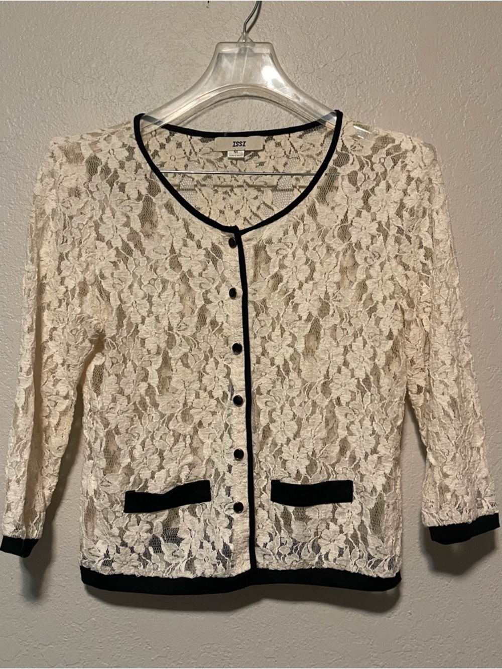ISSI, Women Ivory Lace Black Trim Button Front Cardigan, Size M
